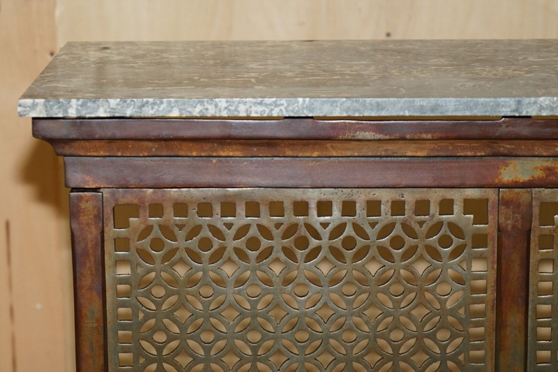 STUNNING ANTIQUE VICTORIAN MARBLE TOPPED RADIATOR COVER ORNATE CAST IRON BASE gallery