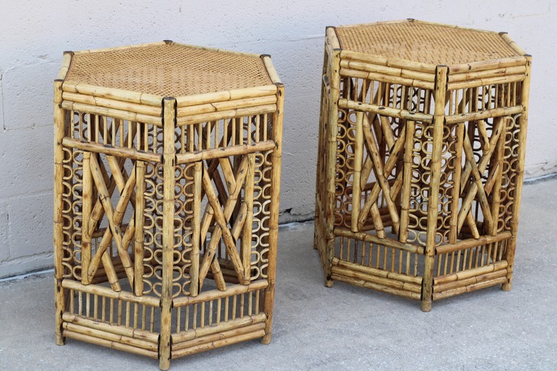 Large Vintage Brighton Pavilion Style Burnt Bamboo Fretwork Dining Table Bases gallery