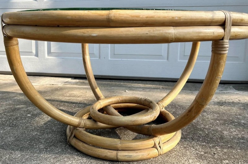 Bamboo and Rattan Round Glass Top Table by Far East Rattan Co. Pick Up Only! VTG gallery