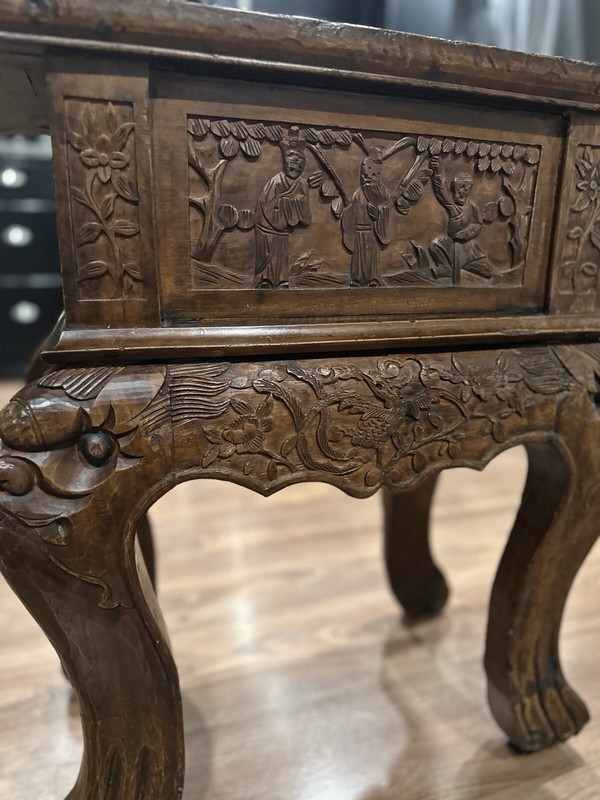 Antique Asian Floral And Animal Motif Hand Carved w Drawer Beautiful!! gallery