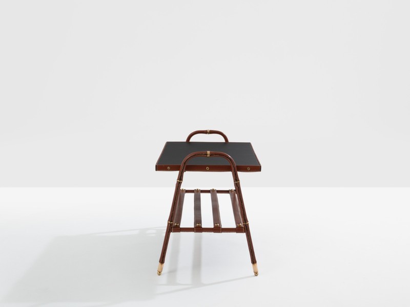 Jacques Adnet pique sellier red leather brass coffee table 1950 gallery
