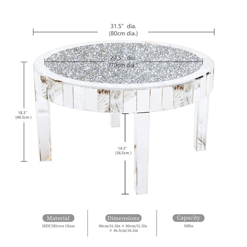 Mirrored Coffee Table Round Silver Accent Beveled Glass Edge Crystal Side Table gallery