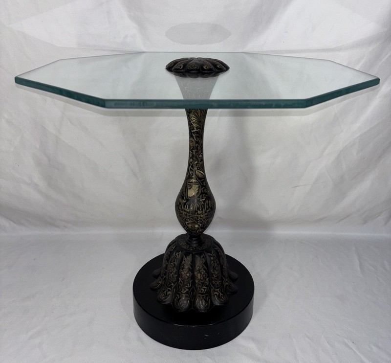 Vintage Mid Century Engraved Etched Blackened Brass Glass Top Side Table INDIA A gallery