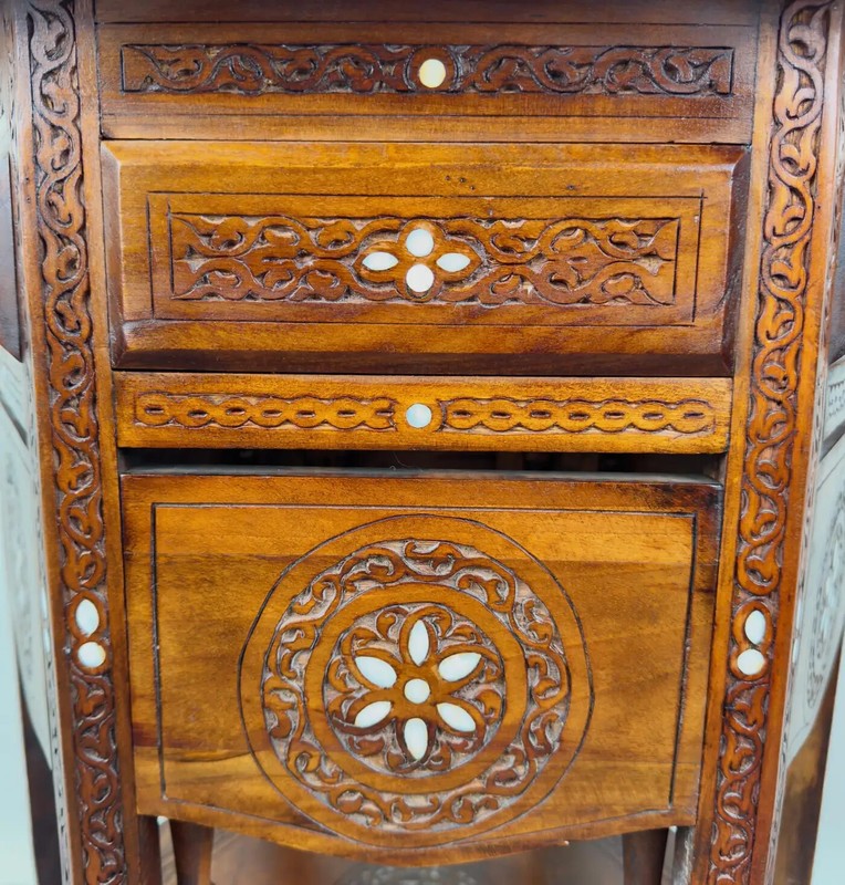 Vintage Syrian Hexagonal Walnut Hand -Carved Center of End Table gallery