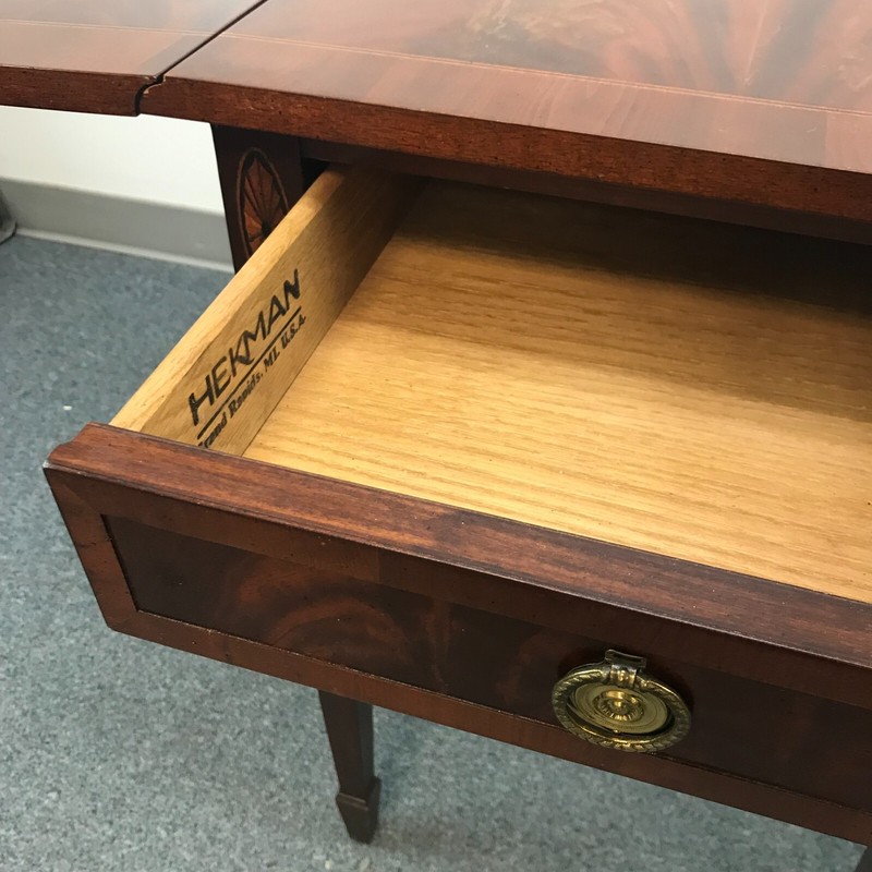 vintage Hekman Mahogany Drop Leaf Inlay Pembroke Side End Table Drawer 27" tall gallery