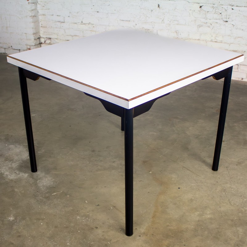 MCM to Modern Square Dining Table w/Black Steel Tube Frame & White Laminate Top gallery