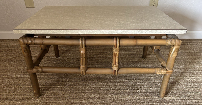 Vintage Mid Century Fisks Reed Style Bamboo Formica Top Side Table Boho Chic