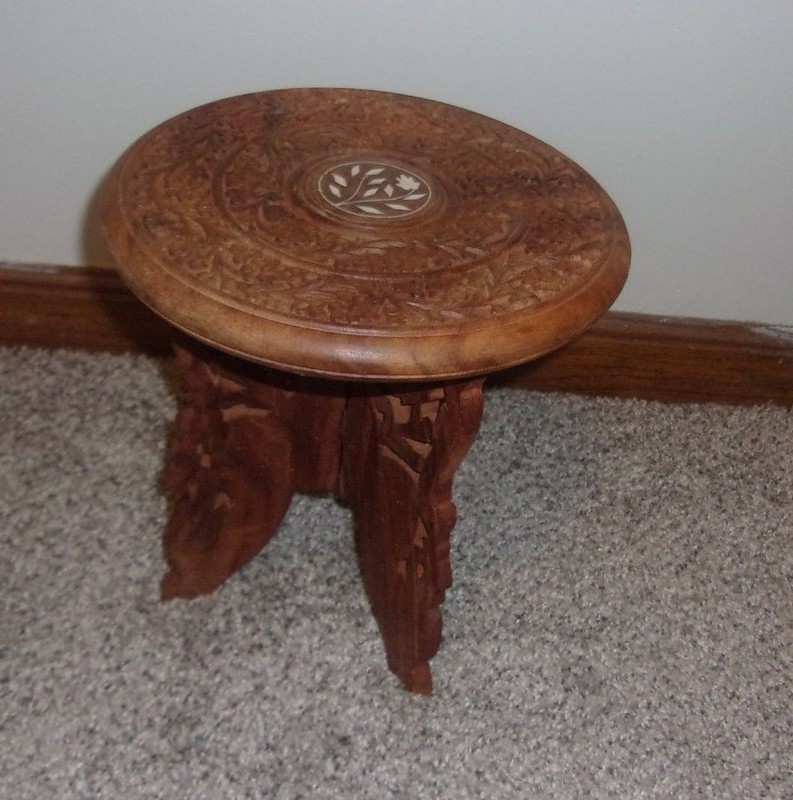 Hand Carved Sheesham Wood Inlay Plant Stand 9 1/2″ T X 9″ Diameter
