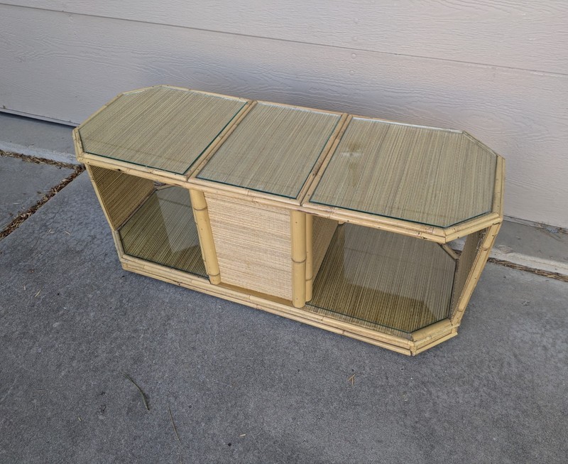 Vintage Asian Boho Chic Bamboo Wicker Rattan Rolling Coffee Table Japanese MCM F gallery