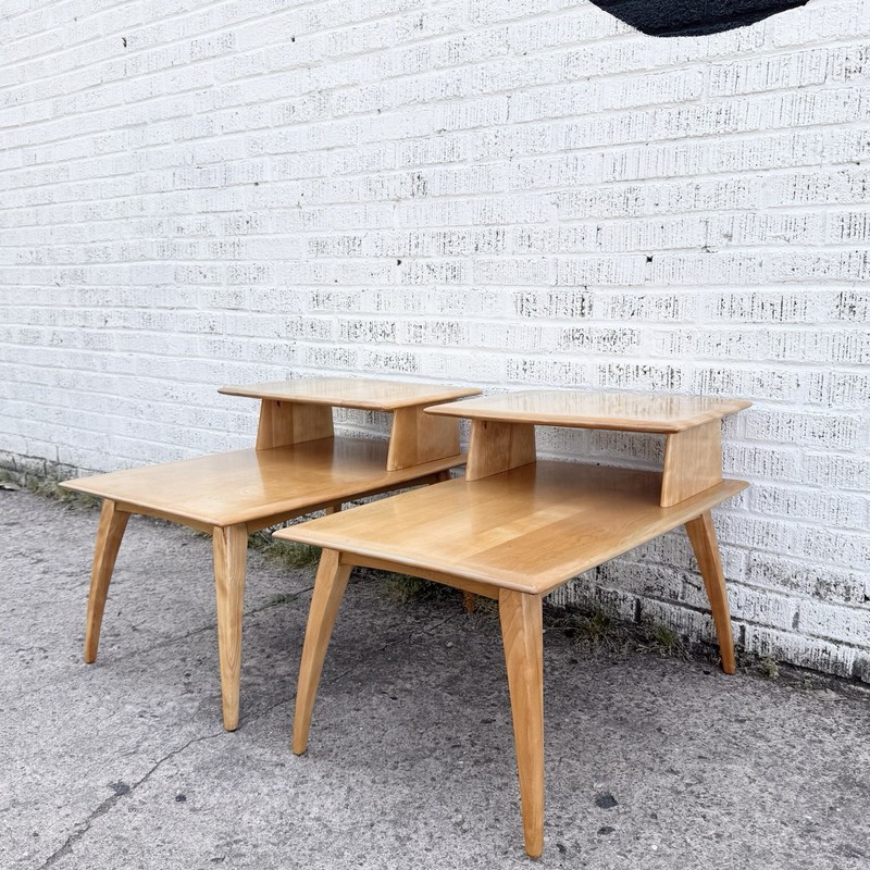 VTG 1940’s Heywood Wakefield Two Tier End Tables, Platinum, Birch, MCM