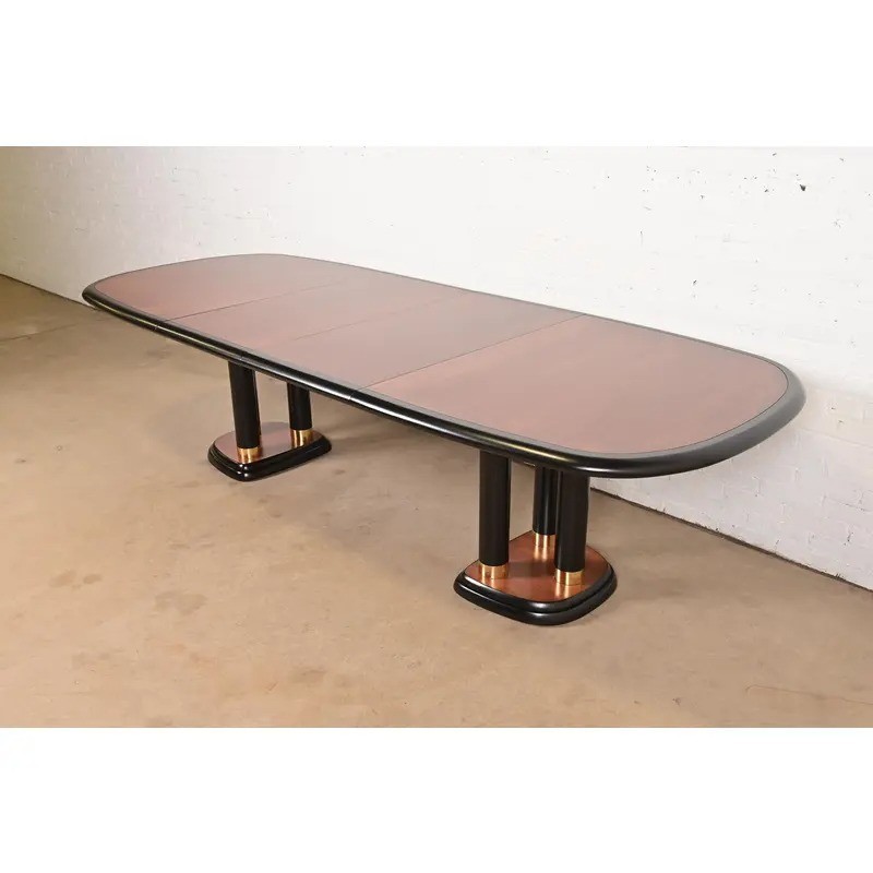 Drexel Heritage Modern Art Deco Walnut and Black Lacquered Pedestal Dining Table gallery