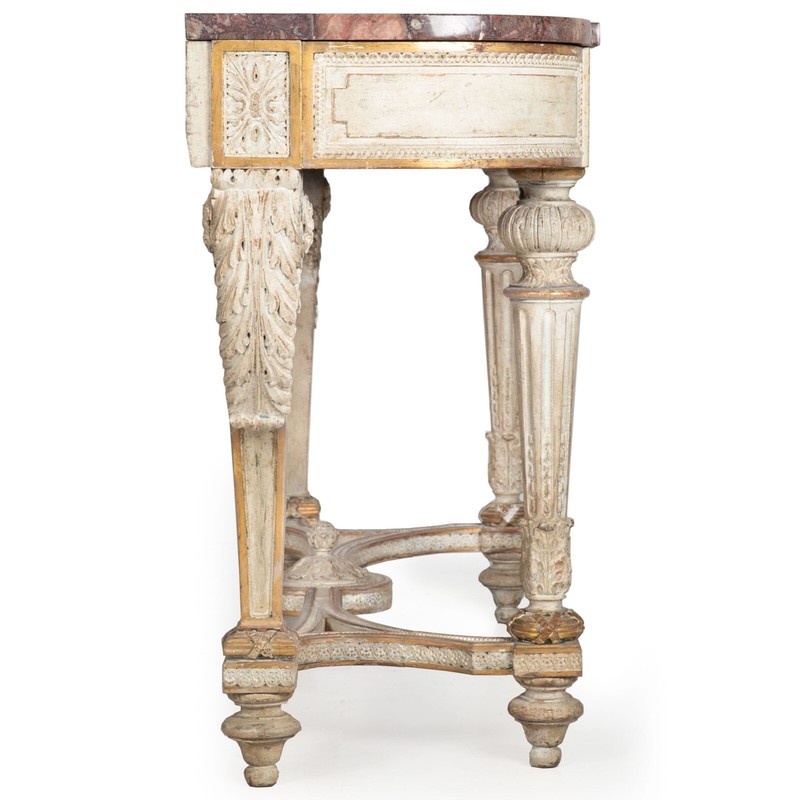French Louis XVI Style White Painted and Parcel-Gilt Violet Marble Console Table gallery