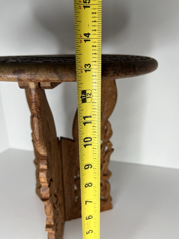 Rare Vintage India Tan Mahal Hand Carved Wood Foldable Table Ornate Inlay 13" gallery