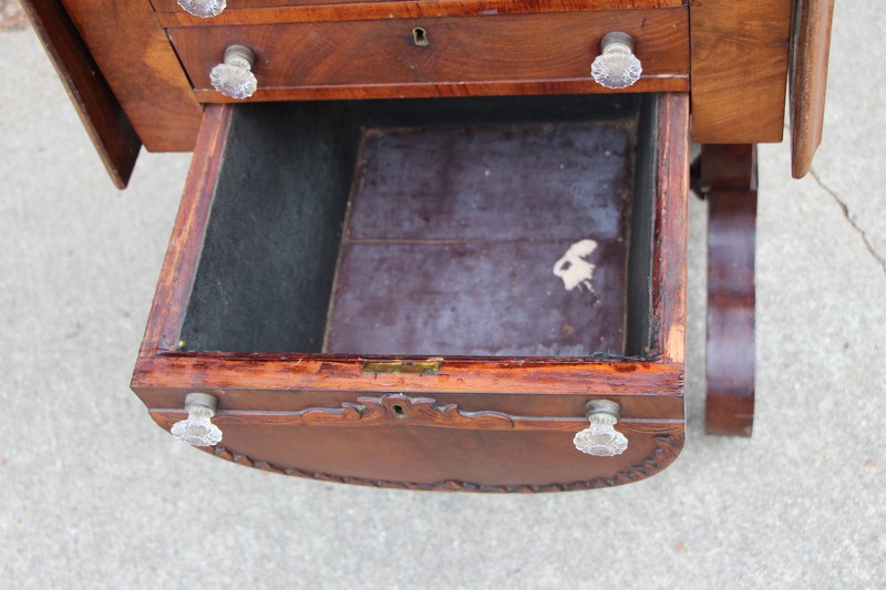 Empire Ca.1840 Flame Mahogany Three Drawer Drop Leaf Pot Belly Sewing Table gallery