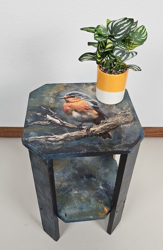 Handcrafted Mixed Media Robin Bird Accent Table Plant Stand Woodland Cottage Art