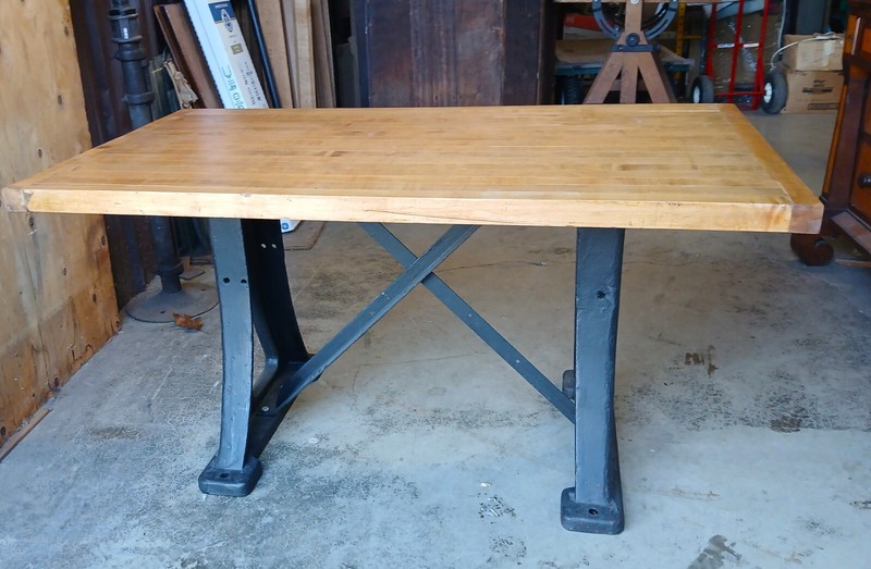 Antique Kitchen Island Work Desk Table Maple Top w Iron Industrial Machine Base gallery