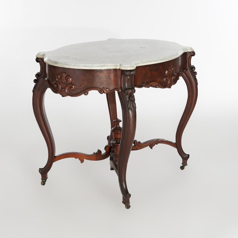 Antique Rococo Flame Mahogany & Marble Turtle Top Parlor Table Circa 1880 gallery