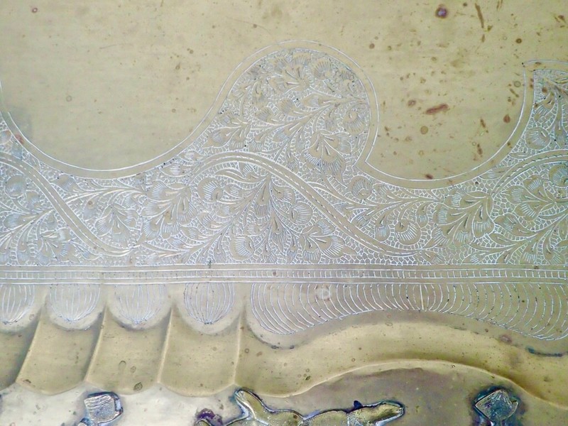 MCM Ornate Brass Tray Table w/ Spider Leg Base 47x23 Raised Animals Border Boho gallery
