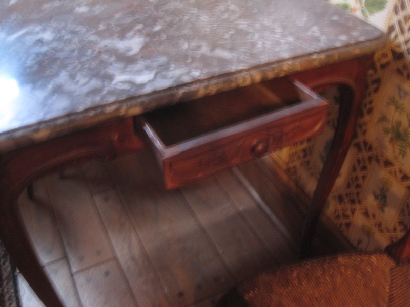Antique French Table And Two Chairs Hand Carved Walnut Marble Top gallery