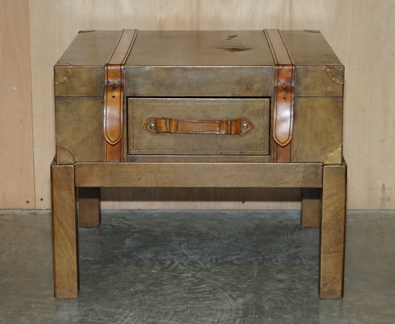 BROWN SADDLE LEATHER SUITCASE TRUNK SINGLE DRAWER COFFEE TABLE NICE DECORATIVE gallery