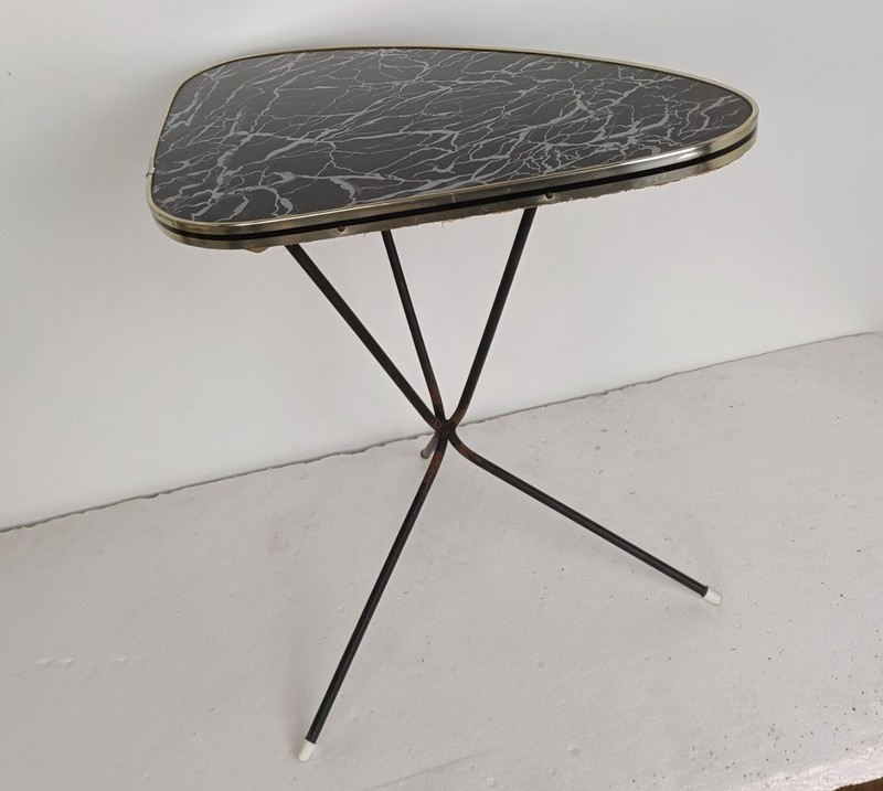 Lovely Small Side Occasional Table Iron Legs marble look top Modernist Vintage gallery