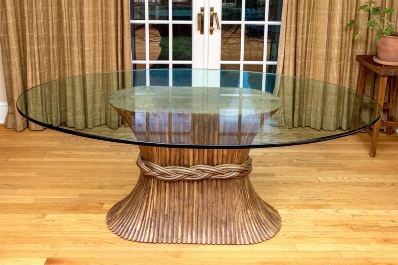 Vintage McGuire Furniture Rattan Wheat Sheaf Glass Top Dining Table