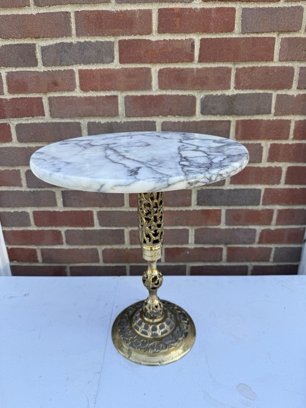 Vintage Round Marble & Pierced Brass Side Table Plant Stand Holywood Regency