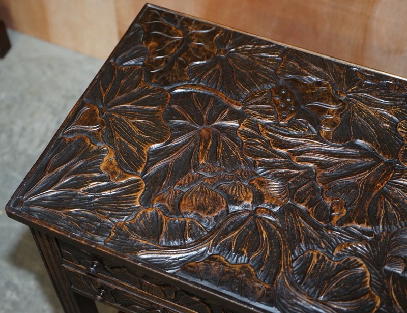 CIRCA 1905 LIBERTY'S LONDON JAPANESE HAND CARVED SIDE LAMP TABLE CUTLERY DRAWERS gallery