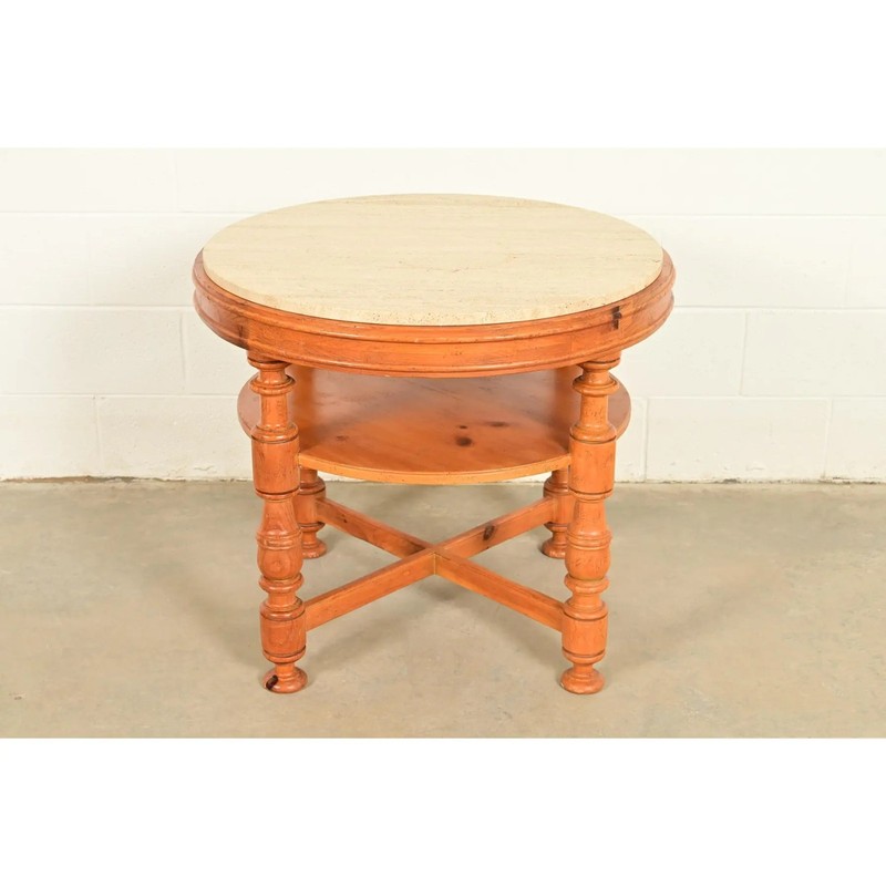 Baker Furniture Italian Provincial Pine and Travertine Top Tea Table