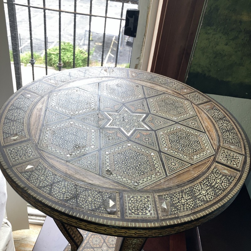 Rare Antique c.1920 Moorish Inlaid Occasional Table-3 Curved Legs-Chipping-Minor
