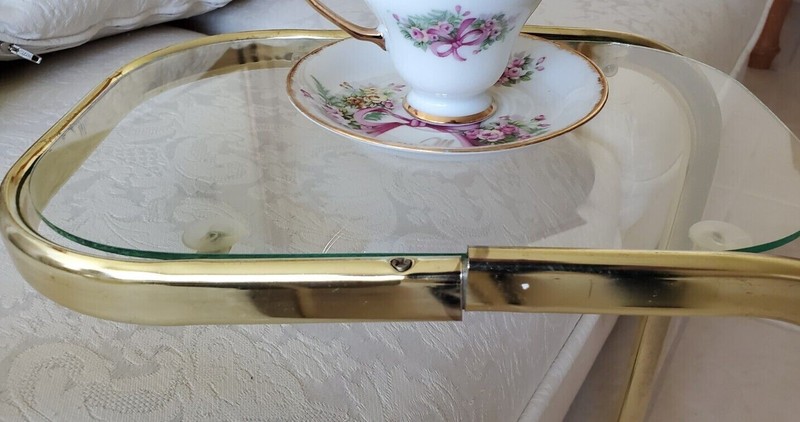 Milo Baughman Style Brass and Glass Cantilever Side End Tables, Pair gallery