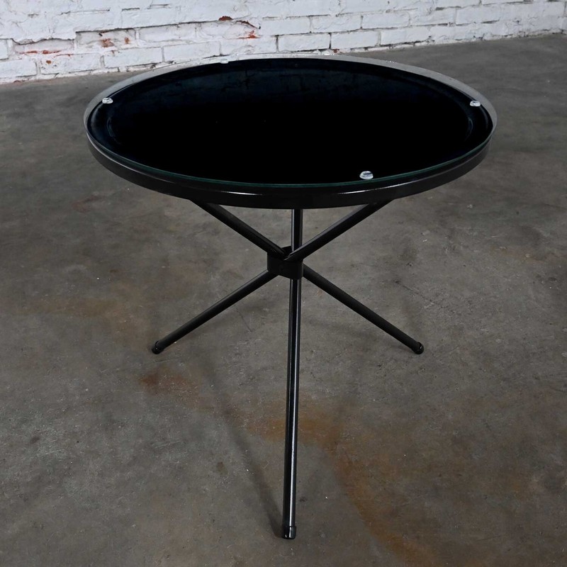 MCM Round Metal Outdoor Black Painted Tripod Accent Table with Glass Top gallery