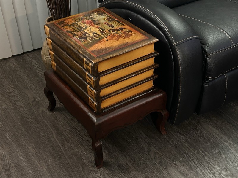 20th Century Faux Book Table With Portrait And Lift Top Storage