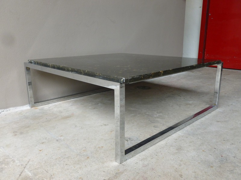 LARGE SLEEK 70'S ITALIAN STYLE ARCHITECTURAL CHROME AND MARBLE COFFEE TABLE gallery