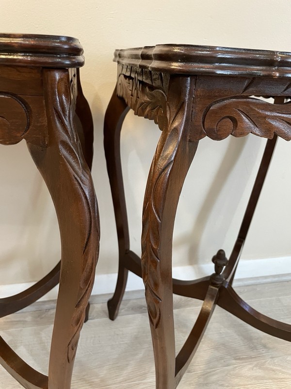 VTG Pair Italian Marquetry Inlaid Side End Tables Carved Wood Lamp Tables 1940s gallery
