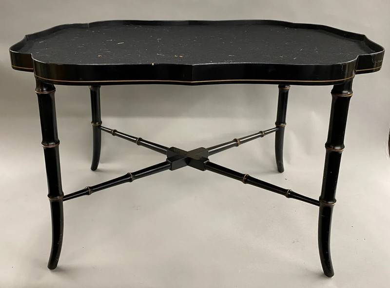 19th c English Toleware Tray with Custom Black Lacquer Bamboo Base gallery