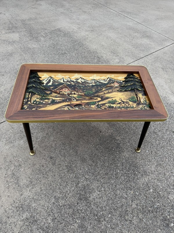 Mid-Century Modern Coffee Table w/ Black Forest Wood Carving Landscape Scene