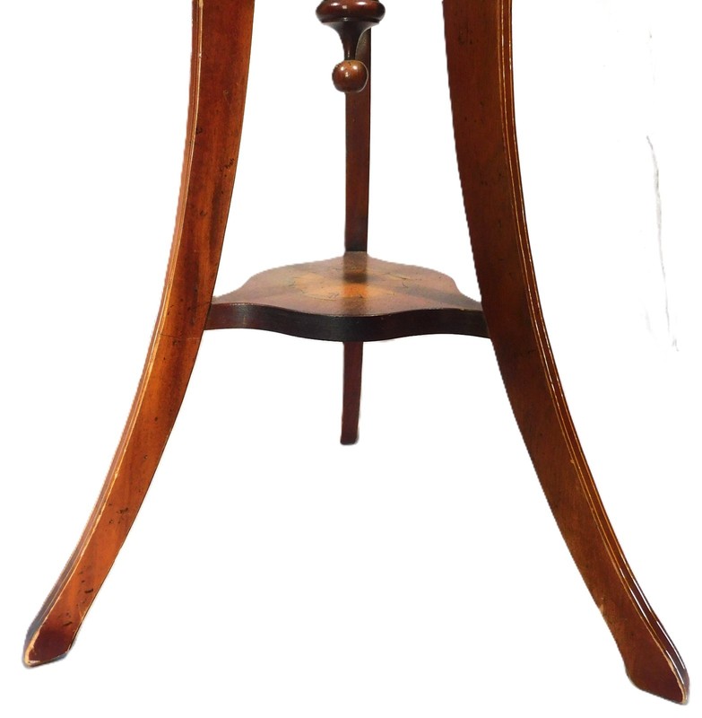Antique Victorian Mahogany Jardiniere Stand Brass Lion Heads Inlaid tripod c1890 gallery