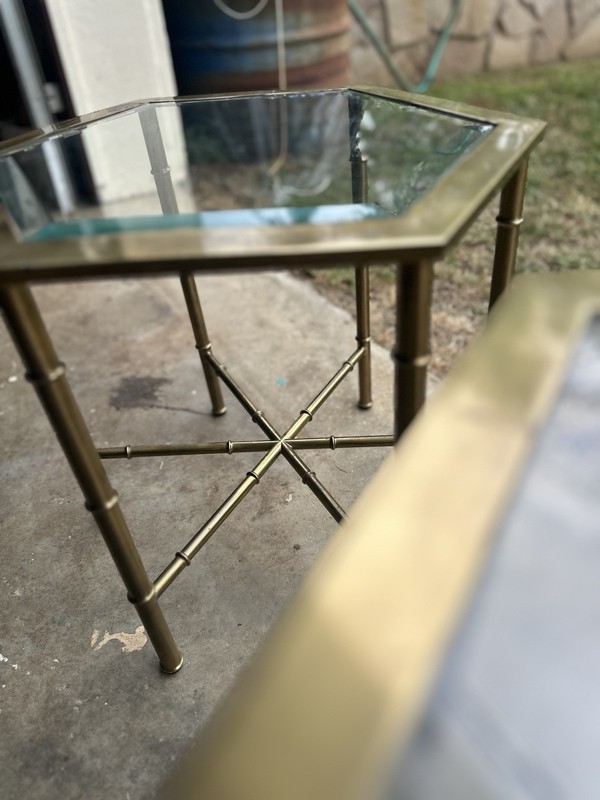 Vintage Hexagonal Brass Glass Side Tables Pair Hollywood Regency 18x18x16in gallery