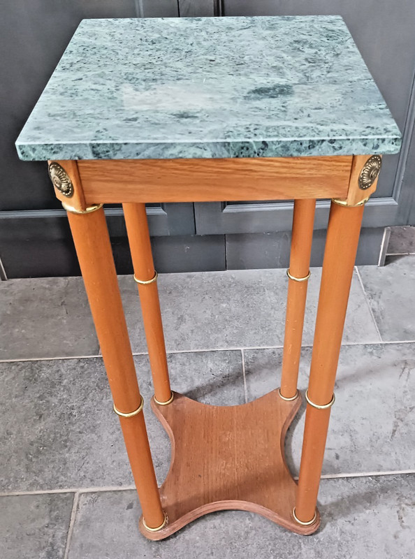 Vintage Hollywood Regency Verde Marble Martini Table – Neoclassical Brass & Wood