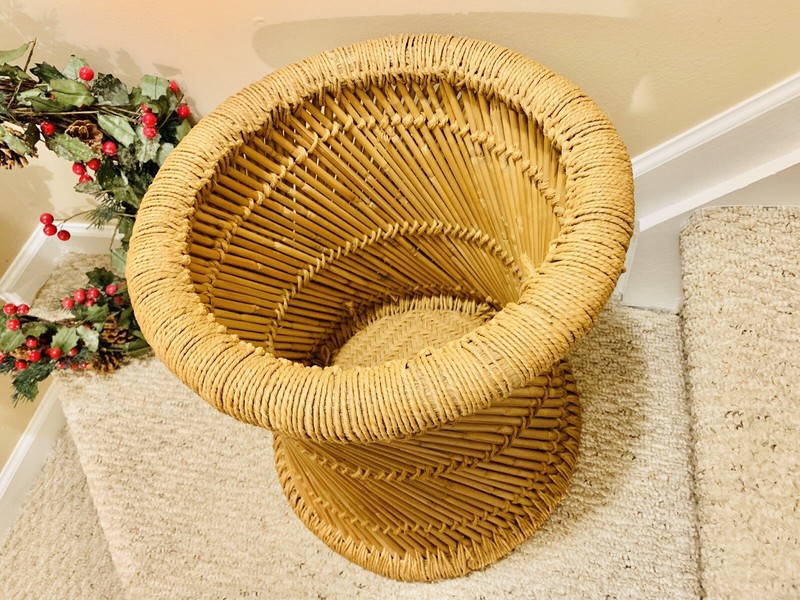 Vtg Table Plant Stand Ottoman Stool Cane Rattan Wicker Woven Boho Mid Century gallery