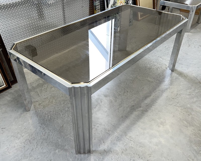 Italian Vintage Art Design Dining Table made of Aluminum, Brass, Tinted Glass gallery