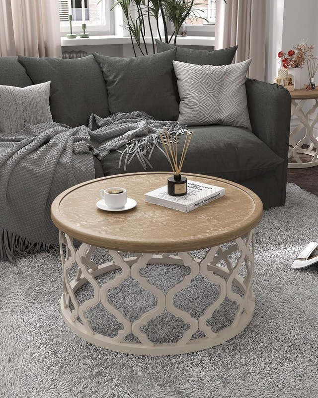 VONLUCE 30'' Farmhouse Round Coffee Table, Beige - Used gallery