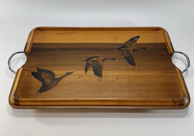Antique Wood Folding Hunt Table/Tray Ducks Flying Raised Design gallery