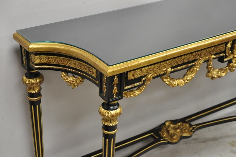Labarge French Louis XVI Italian Black Lacquer Gold Gilt Jansen Console Table gallery