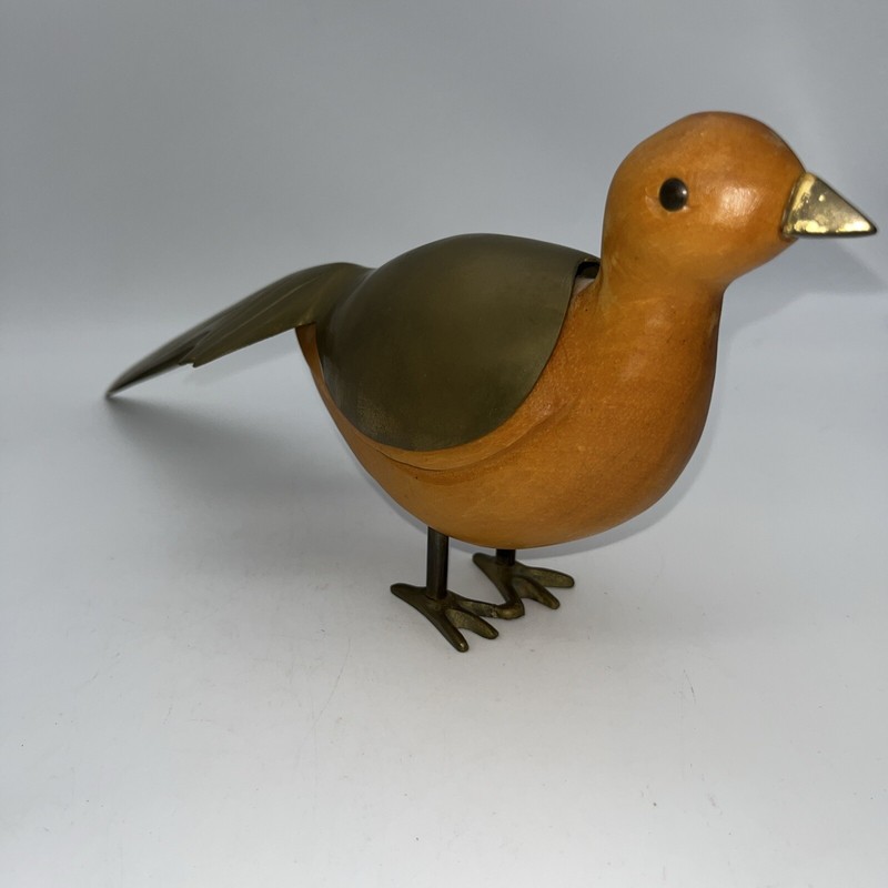 Vintage Carved Bird Peacock Wood And long Brass Feather Tail Nice Condition!! gallery