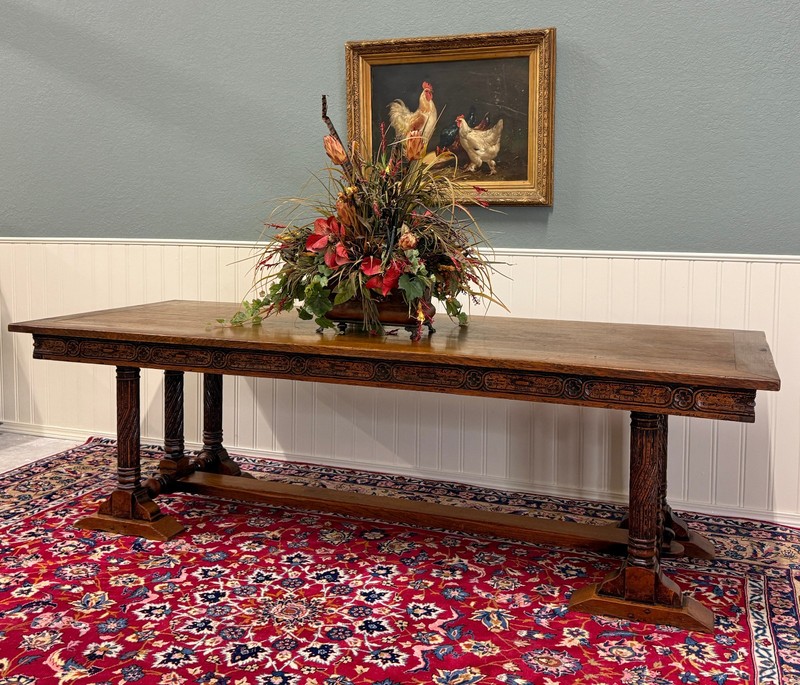 Antique French Renaissance Revival Farmhouse Dining Table Baluster Oak c.1900