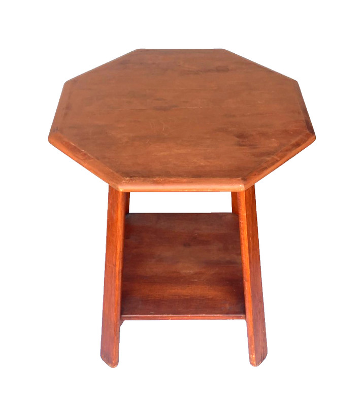 Antique Handmade Maple Finish Wood Octagonal Side Table with Shelf Vintage gallery