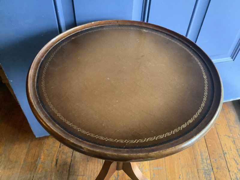 Wood Imperial USA Tripod Side end Plantstand table antique leather top vintage gallery