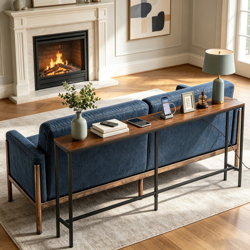 Console Table with Power Outlet Narrow Sofa Table 70.8" Behind Couch Table Brown gallery